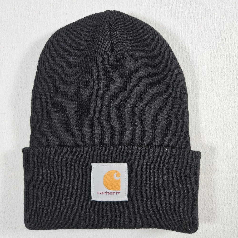 Carhartt Beanie Unisex OS Black Cuffed Rib Knit Logo Patch Workwear Hat